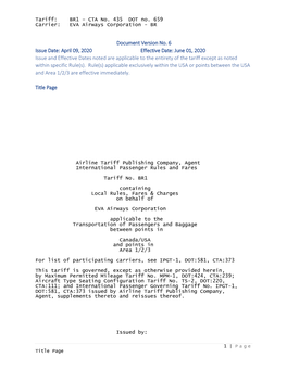 April 09, 2020 Effective Date: June 01, 2020 Issue and Effective Dates Noted Are Applicable to the Entirety of the Tariff Except As Noted Within Specific Rule(S)