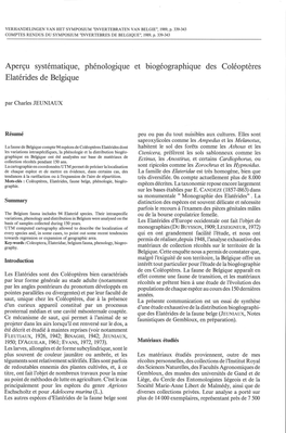 Apercu Systematique, Phenologique Et Biogeographique Des Coleopteres Elaterides De Belgique