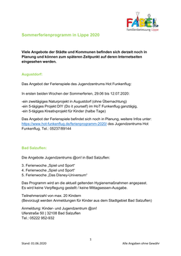 Sommerferienprogramm in Lippe 2020