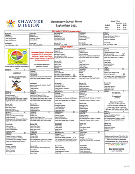 Elementary School Menu September 2021