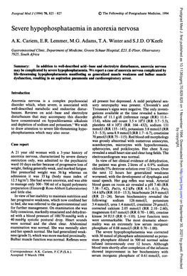 Severe Hypophosphataemia in Anorexia Nervosa A.K