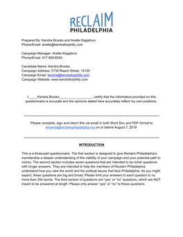 Kendra Brooks and Arielle Klagsbrun Phone/Email: Arielle@Kendraforphilly.Com