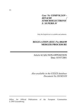 Hitachi / Stmicroelectronic S / Superh Jv Regulation