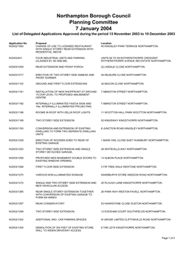 Northampton Borough Council Planning Committee 7 January 2004 List of Delegated Applications Approved During the Period 13 November 2003 to 10 December 2003