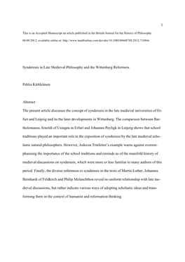 1 Synderesis in Late Medieval Philosophy and the Wittenberg Reformers Pekka Kärkkäinen Abstract the Present Article Discusses