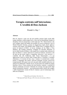 Terapia Centrata Sull'interazione. L'eredità Di Don Jackson