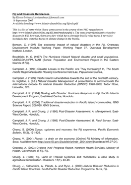 Fiji and Disasters References by Kirstie Méheux Kirstiemeheux@Hotmail.Com 16 September 2007 Available From