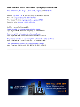 Frost Formation and Ice Adhesion on Superhydrophobic Surfaces , , Kripa K