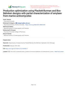 Production Optimization Using Plackett-Burman and Box- Behnken Designs with Partial Characterization of Amylase from Marine Actinomycetes