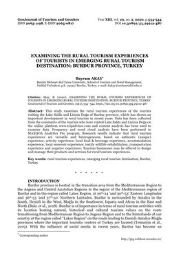 Examining the Rural Tourism Experiences of Tourists in Emerging Rural Tourism Destination: Burdur Province, Turkey