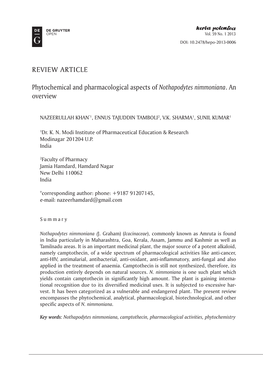 Phytochemical and Pharmacological Aspects of Nothapodytes Nimmoniana. an Overview REVIEW ARTICLE