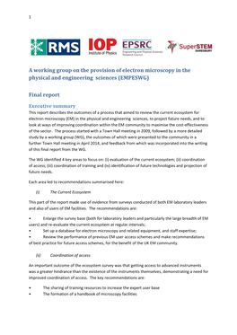 A Working Group on the Provision of Electron Microscopy in the Physical and Engineering Sciences (EMPESWG)