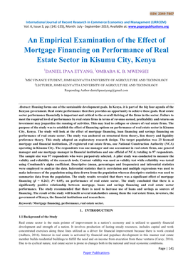 An Empirical Examination of the Effect of Mortgage Financing on Performance of Real Estate Sector in Kisumu City, Kenya