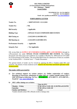 PO : Duliajan – 786602 Assam (India) FORWARDING LETTER Tender No