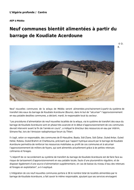 Neuf Communes Bientôt Alimentées À Partir Du Barrage De Koudiate Acerdoune