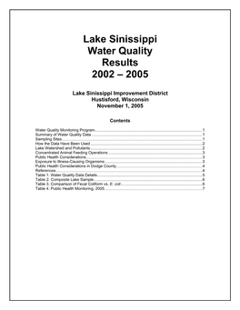 Lake Sinissippi Water Quality Results 2002 – 2005