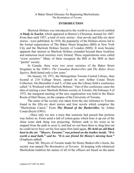 A Baker Street Glossary for Beginning Sherlockians INTRODUCTION Sherlock Holmes Was Introduced to the World in a Short Novel