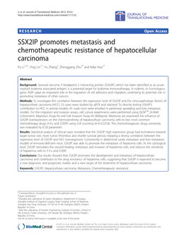 SSX2IP Promotes Metastasis and Chemotherapeutic Resistance of Hepatocellular Carcinoma Pu Li1,2†, Ying Lin1†, Yu Zhang3, Zhenggang Zhu2* and Keke Huo1*