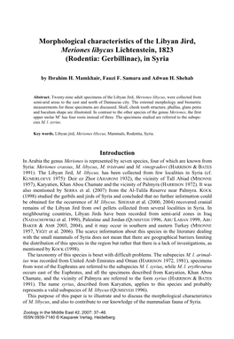 Morphological Characteristics of the Libyan Jird, Meriones Libycus Lichtenstein, 1823 (Rodentia: Gerbillinae), in Syria