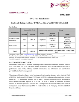 RATING RATIONALE 28 May 2020 IDFC First Bank Limited Brickwork Ratings Reaffirms 'BWR AA+/Stable' on IDFC First Bank Ltd
