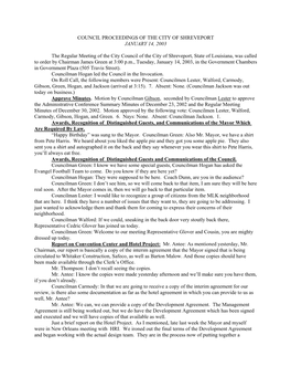 COUNCIL PROCEEDINGS of the CITY of SHREVEPORT JANUARY 14, 2003 the Regular Meeting of the City Council of the City of Shreveport