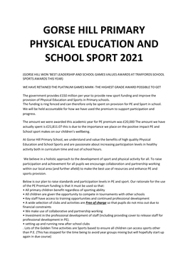 Gorse Hill Primary Physical Education and School Sport 2021
