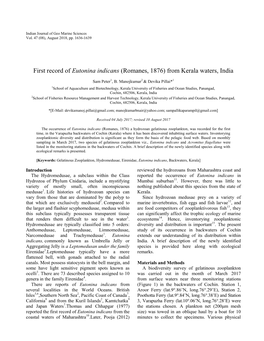 First Record of Eutonina Indicans (Romanes, 1876) from Kerala Waters, India