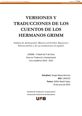 Versiones Y Traducciones De Los Cuentos De Los Hermanos Grimm