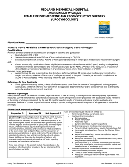 MIDLAND MEMORIAL HOSPITAL Delineation of Privileges FEMALE PELVIC MEDICINE and RECONSTRUCTIVE SURGERY (UROGYNECOLOGY)