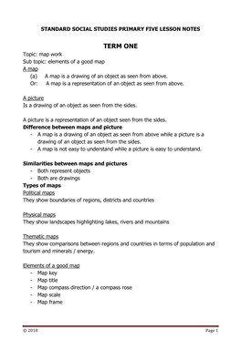 TERM ONE Topic: Map Work Sub Topic: Elements of a Good Map a Map (A) a Map Is a Drawing of an Object As Seen from Above