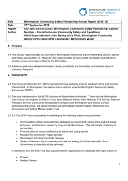 Title Birmingham Community Safety Partnership Annual Report (2018