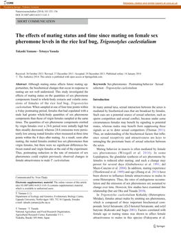 The Effects of Mating Status and Time Since Mating on Female Sex Pheromone Levels in the Rice Leaf Bug, Trigonotylus Caelestialium
