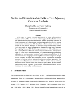 Syntax and Semantics of It-Clefts: a Tree Adjoining Grammar Analysis