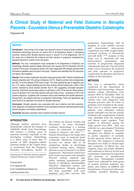 A Clinical Study of Maternal and Fetal Outcome in Abruptio Placenta - Couvelaire Uterus a Preventable Obstetric Catastrophe Vijayasree M