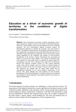 Education As a Driver of Economic Growth of Territories in the Conditions of Digital Transformation