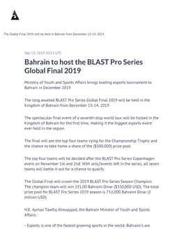 ​Bahrain to Host the BLAST Pro Series Global Final 2019