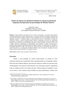 Analise Da Ruptura Da Submissão Feminina No Cinema Da Década De Cinquenta, Incorporadas Nas Personagens De Marilyn Monroe1