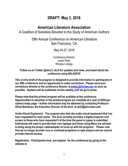 DRAFT: May 3, 2018 American Literature Association