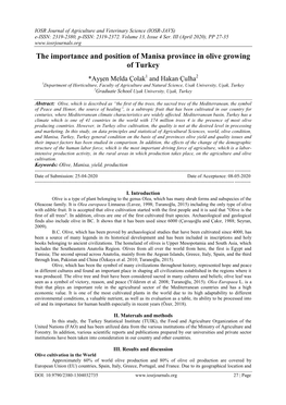 The Importance and Position of Manisa Province in Olive Growing of Turkey