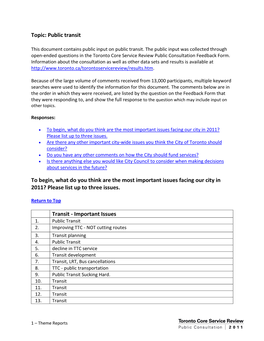 Topic: Public Transit to Begin, What Do You Think Are the Most Important Issues Facing Our City in 2011? Please List up to Thre