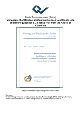 Management of Bombus Atratus Bumblebees to Pollinate Lulo (Solanum Quitoense L), a Native Fruit from the Andes of Colombia