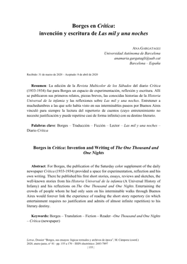 Borges En Crítica: Invención Y Escritura De Las Mil Y Una Noches