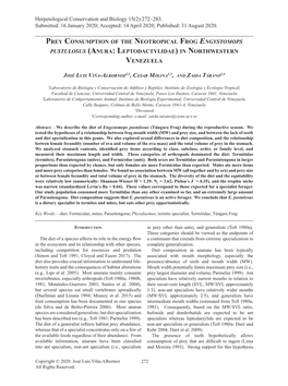 Prey Consumption of the Neotropical Frog Engystomops Pustulosus (Anura: Leptodactylidae) in Northwestern Venezuela