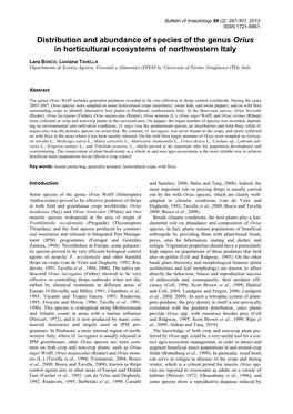 Distribution and Abundance of Species of the Genus Orius in Horticultural Ecosystems of Northwestern Italy