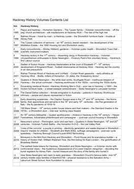 Hackney History Volumes Contents List