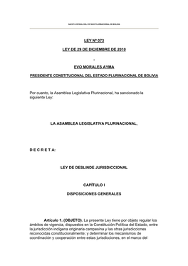 Ley De Deslinde Jurisdiccional Nº 073, Del 29 De Diciembre De 2010