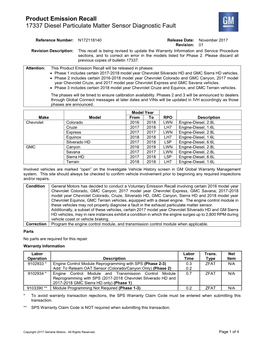 Product Emission Recall 17337 Diesel Particulate Matter Sensor Diagnostic Fault