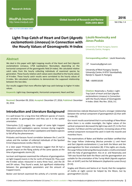 Light-Trap Catch of Heart and Dart (Agrotis Exclamationis Linnaeus) in Connection with the Hourly Values of Geomagnetic H-Index