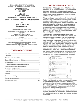 Table of Contents Lake Superior Calcites