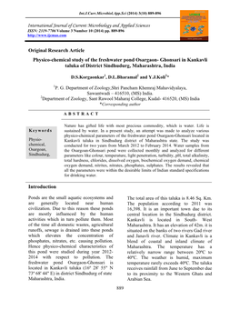 Original Research Article Physico-Chemical Study of the Freshwater Pond Osargaon- Ghonsari in Kankavli Taluka of District Sindhudurg, Maharashtra, India